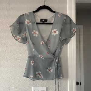 Lulu's Blue Floral Wrap Blouse XS